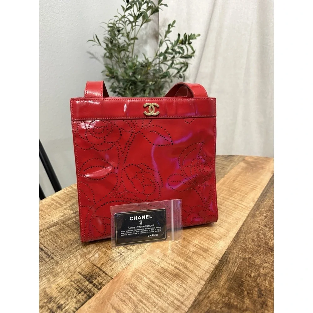 Authentic CHANEL Small Red Patent Leather Camellia Perforated Tote